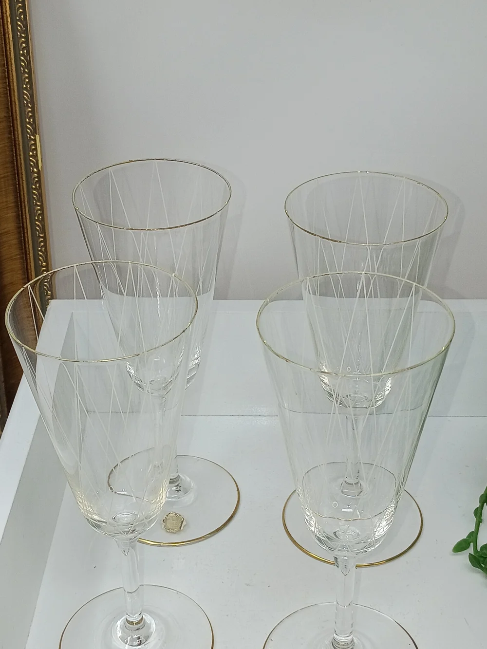 Set of 4 Gold-Trim Etched Crystal Wine Glasses